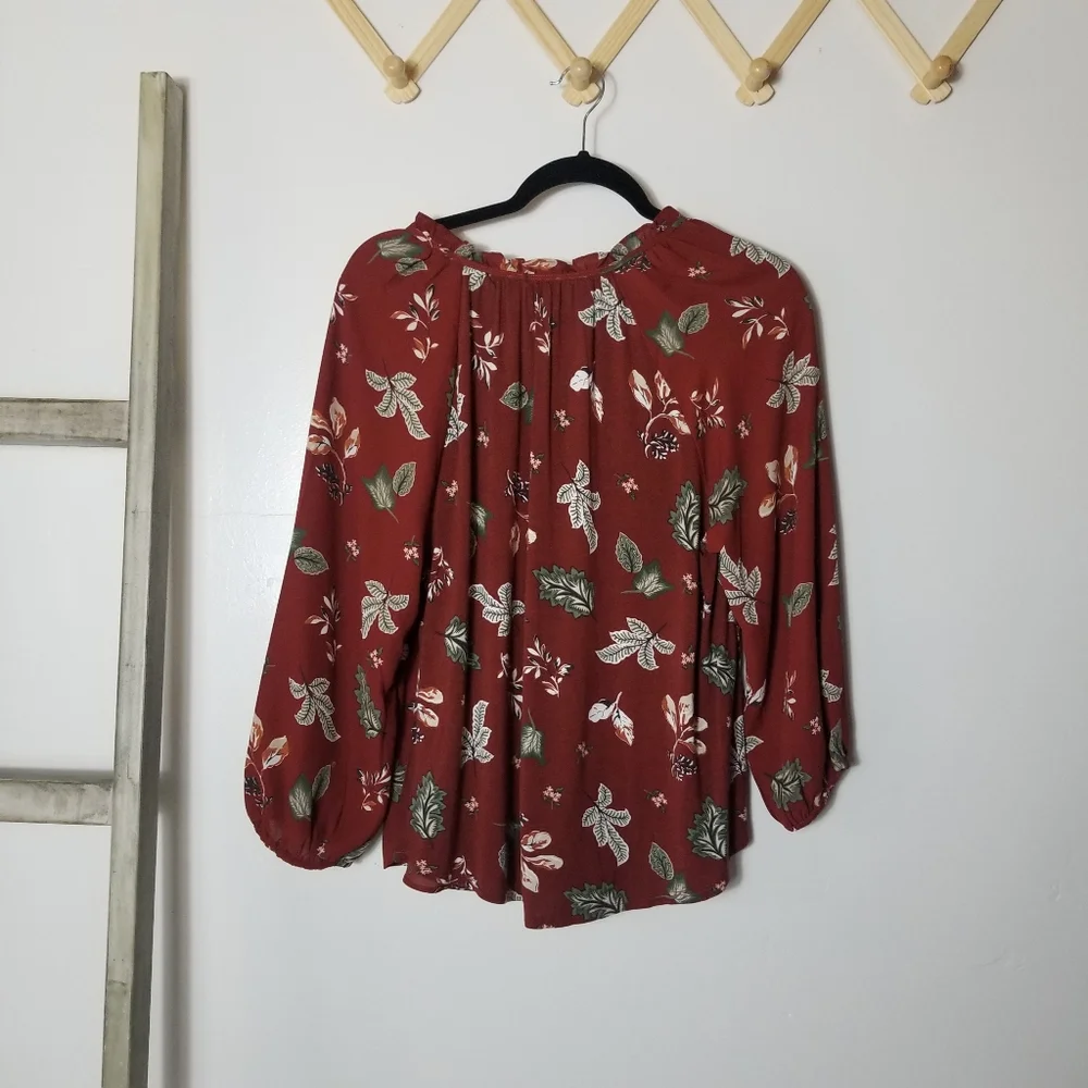 LOFT BOHO LEAF BLOUSE BURNT RED GREEN ORANGE SIZE MEDIUM - Picture 2 of 11